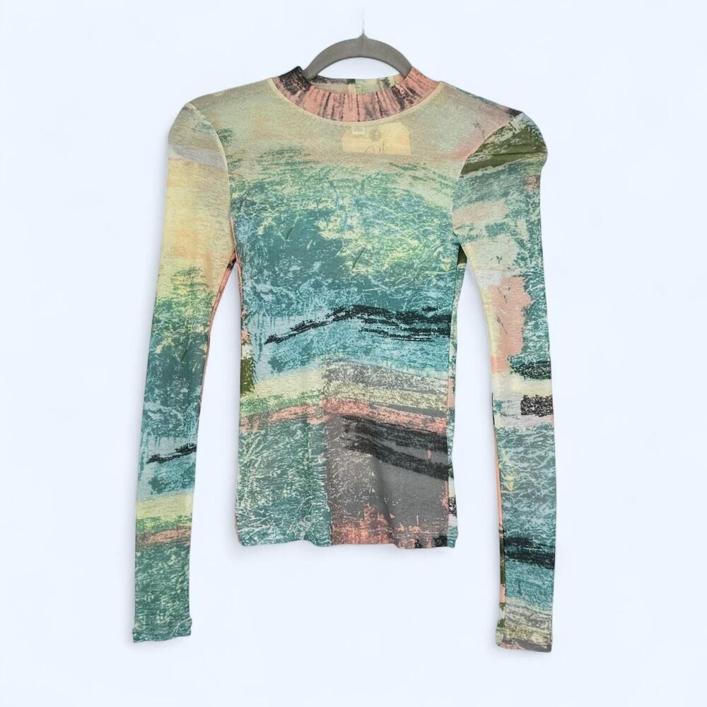 Vintage Y2K Topshop Watercolor Printed Mock Neck Long Sleeve Size 2